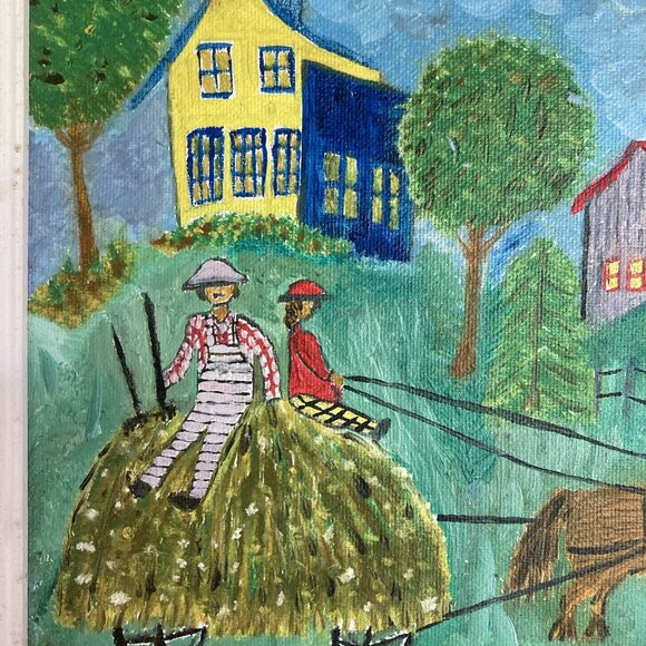 Vintage Painting On Canvas Framed French Folk Art Primitive Signed Y2K - Picture 4 of 13